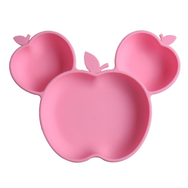 Cute Apple Shaped Child Feeding Plate For Baby Toddlers Waterproof No Slip Portable Reusable Silicone Dinner Plate-Pink