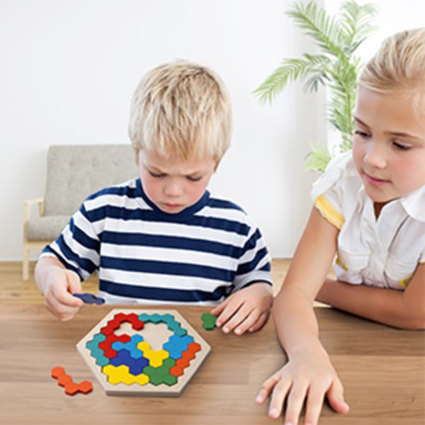 Hexagonpussel i trä för barn Vuxna - Formmönsterblock Tangram Hjärnteaser Leksak Geometri Logik Iq-spel Utbildning