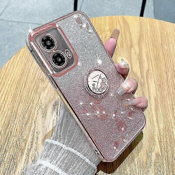 Gradient Glitter Floral Ring Phone Case with Stand Function Universal Fit (Pink, For Motorola Moto G34)