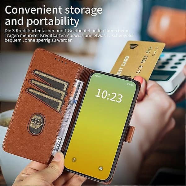 Compatible Leather Case for iPhone 15 with Litchi Texture, RFID Wallet, and Stand (Brown)