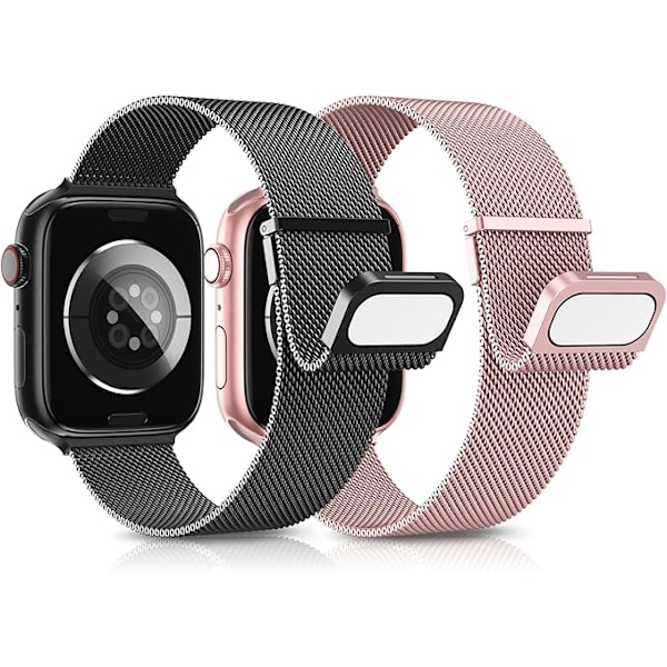 2 Stycken Armband Kompatibla med Apple Watch Armband, Dubbel Magnet Justerbart Rostfritt Stål Metall Kompatibelt med iWatch Armband Se Ultra Serien Black + Rose Pink 42/44/45/49mm