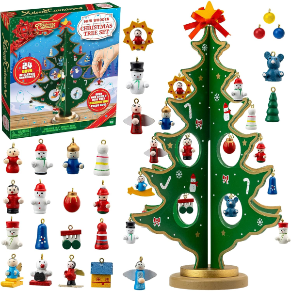 Jul 24 dagars nedräkning adventskalender med en bordsskiva träjulgran och 28 prydnader Snowman Tomte dekorationer