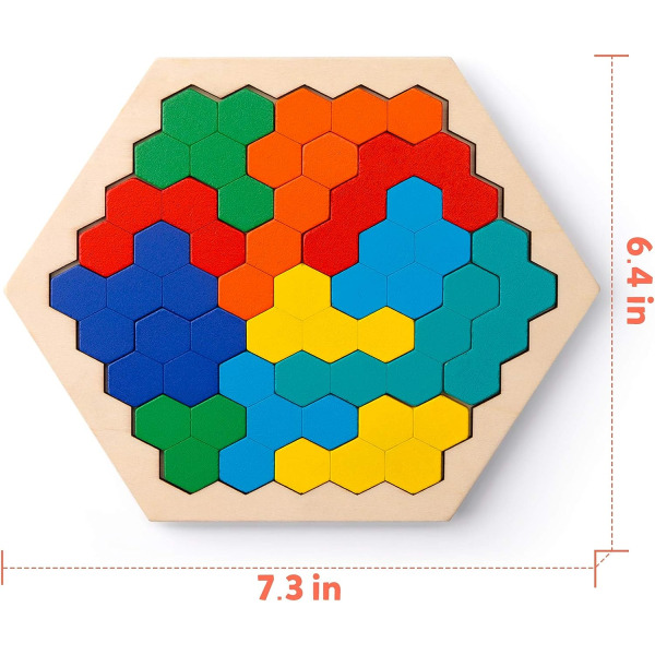 Hexagonpussel i trä för barn Vuxna - Formmönsterblock Tangram Hjärnteaser Leksak Geometri Logik Iq-spel Utbildning
