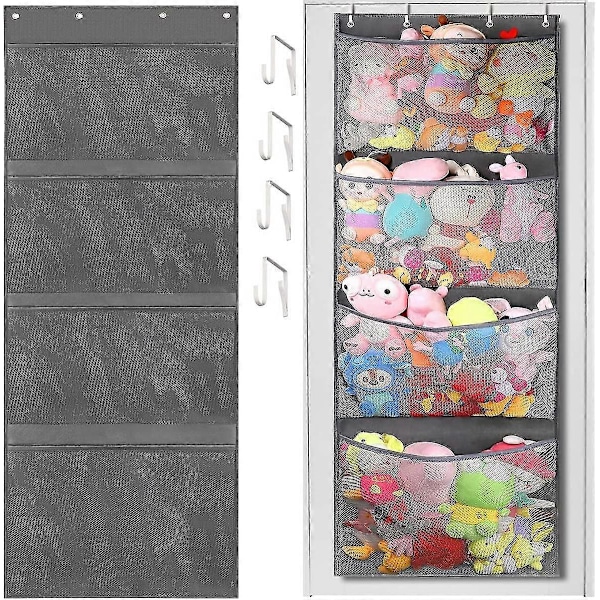 Oppbevaringspose for kosedyr, over dør, kosedyrorganisator med 4 store lommer, hengende nettingposer for baby plysjleker, soverom, barnerom, leker for barn