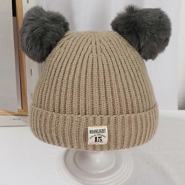 Barnvinter Pompom Hatt Stickad Skidmössa Dubbel Pom Pommössa för Flickor Pojkar, för 1-3 År Gammal Khaki