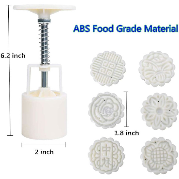 Måne kageform 6 stk., Mid Autumn Festival DIY håndpresse kage stempler wienerbrød værktøj måne kage maker, blomst mønstre 1 form 6 stempler 50g (hvid).