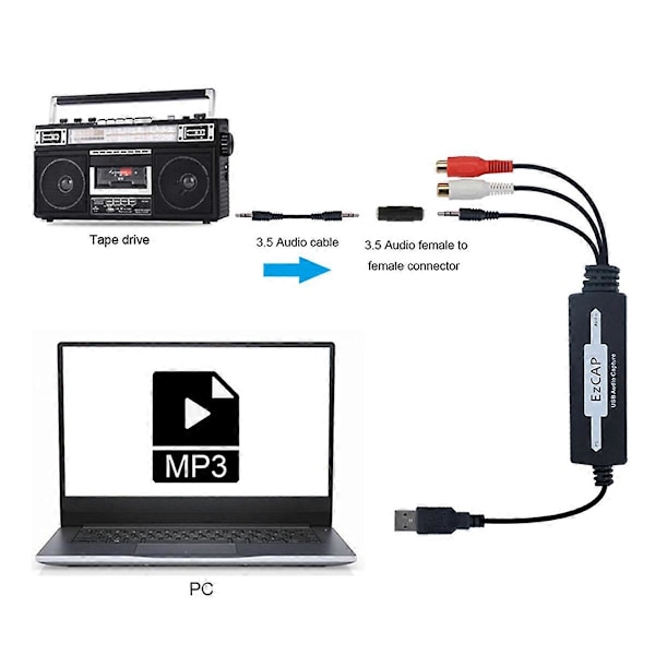 USB 3,5 mm lydopptaksenhet Rediger lydkabel til digital for opptak av analog lydkassett til