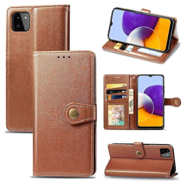 For Samsung Galaxy A22 4G Solid Farge Lær Spenne Telefondeksel med Lanyard & Fotoramme & Kortspor & Lommebok & Stativfunksjon Brown