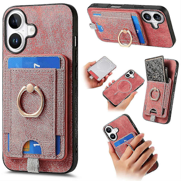 D7 Magnetisk deksel til iPhone 16 med kortholder, ringstøtte, PU-lær telefonbakdeksel - Brun Pink