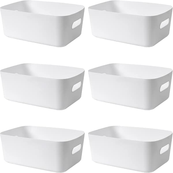6-pack Plastic Storage Baskets with Handles, Cabinet Storage Bins for Bathroom, Office, Kitchen Organizer Storage Box, White, 25 x 17.5 x 10 cm