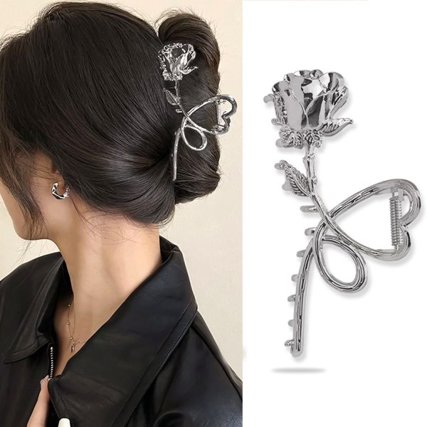 Flower Hair Clips Metal Sliver Rose Hair Claw Clips Large No Crease Hair Jaw Clips for Women Fashion Hair  1Pcs