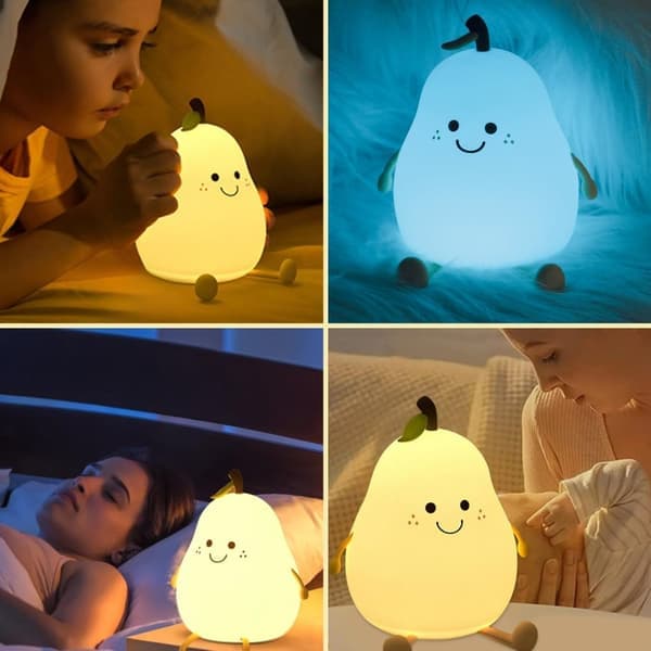 LED Night Light Silicone Pear - 7 Colors Dimmable - Timer & USB Charging - For Children's Bed