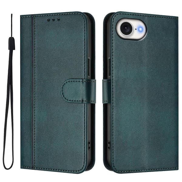 Retro Texture Leather Wallet Case with Lanyard for iPhone 16e (Dark Green)