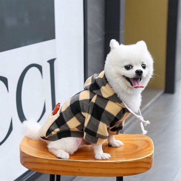 Liten hundtröja mjuk varm fleece höst vinter hundkläder flicka pojke klassisk rutig valp katt tröjor med ficka söt (gul, L)