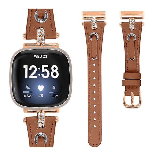 Typ B Armband i äkta ko-läder för Fitbit Versa 4/Sense 2 Klocka (Spänne i Roséguld) Style E