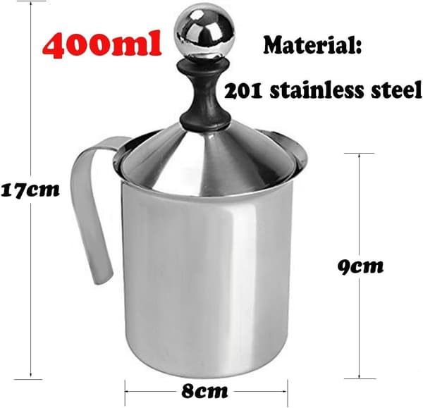 Mælkeskummer, manuel mælkeskummer i rustfrit stål, håndholdte mælkeskumningskander til kaffe, manuel mælkeskummer (400 ml)