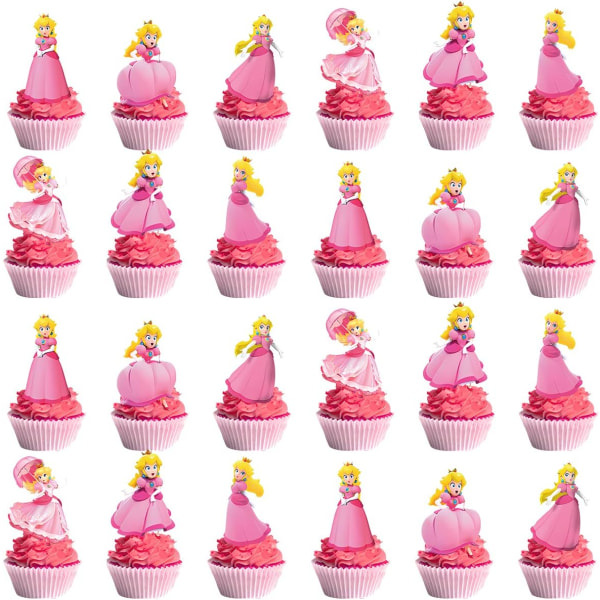48 Peach Princess CupCake Topper, Princess Peach Party Supplies, Peach Princess temafest dekoration