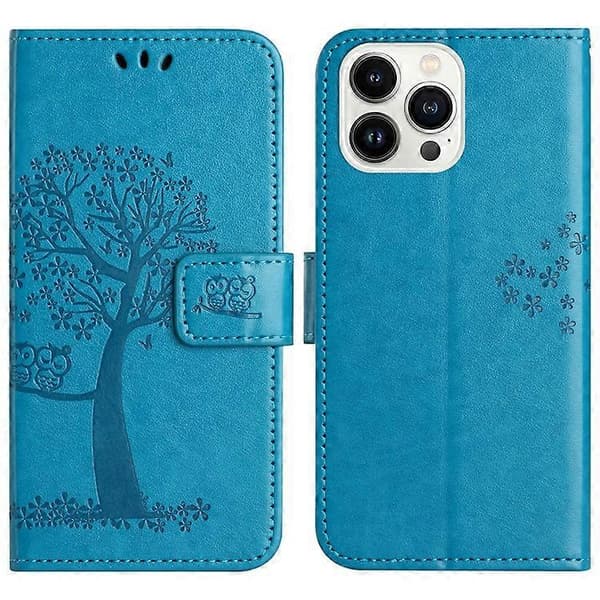 Compatible Wallet Case for iPhone 16 Pro PU Leather Owl Tree Printed Phone Cover (Blue)