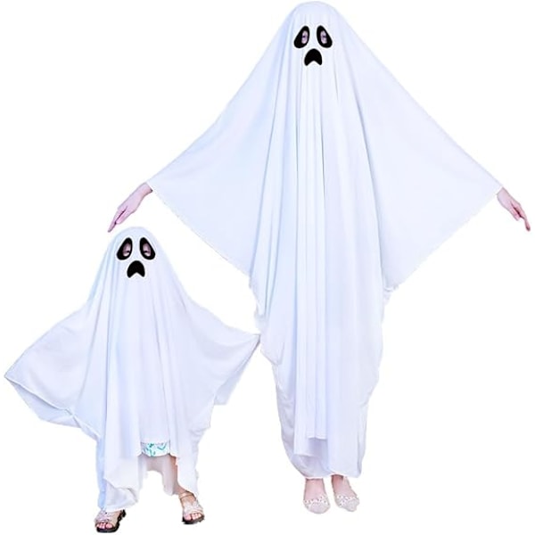 Haamuasu Unisex Lapsille ja Aikuisten Halloween-asu Cosplay Poika Valkoinen Boo Haamuviitta Lapsi Pelottava Kelloja (Black) L(104CM)