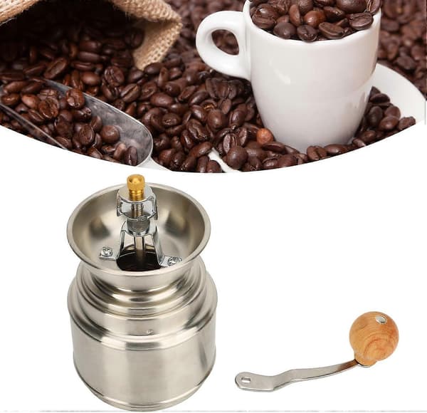Manuel kaffekværn i rustfrit stål og træ, ergonomisk håndsving til hjemmebrygning af kaffebønner