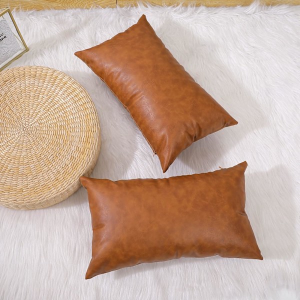 Set med 2 konstläder kuddfodral, moderna bruna utomhus kuddfodral dekorativa örngott för soffa säng soffa (12 x 20 tum)