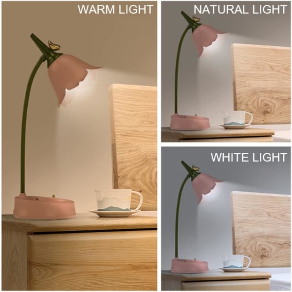 Blomma LED-bordslampa Sladdlös bordslampa Justerbar Svanhals Dimbar Touch Uppladdningsbart batteri Studentsovrum (Gul)