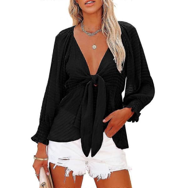 Bxhd Dame Langærmede Boho Skjorter Dyb V-hals Front Sløjfe Knude Peplum Bluser Toppe