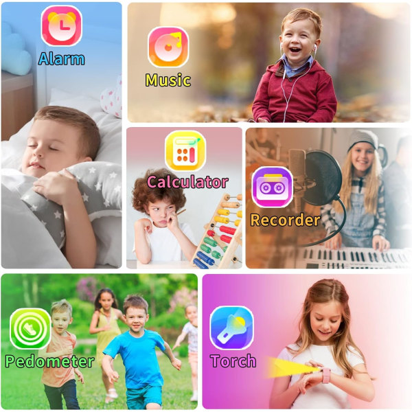 Smartklocka för barn (pojkar) - Smartklocka för barn med 16 spel|Kamera|Musik|Alarm - Svart