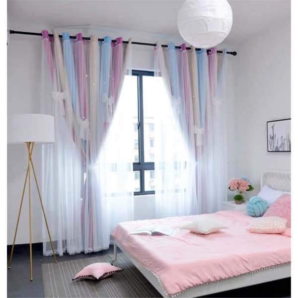 curtains hollow stars curtains curtains (about 200 cm) long room darkening rope ring 2 layers, blue pink 1 piece width 1.5 * height 2.0 m a [send bow]