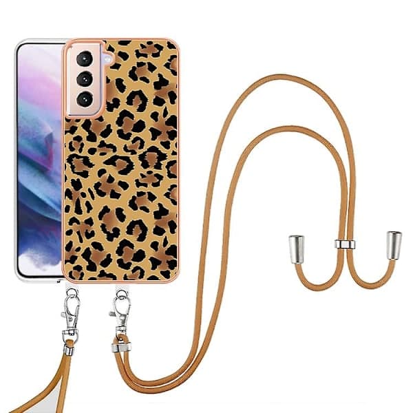 For Samsung Galaxy S21+ 5g Electroplating Double-Sided Imd Mobile Phone Case With Lanyard Leopard Print