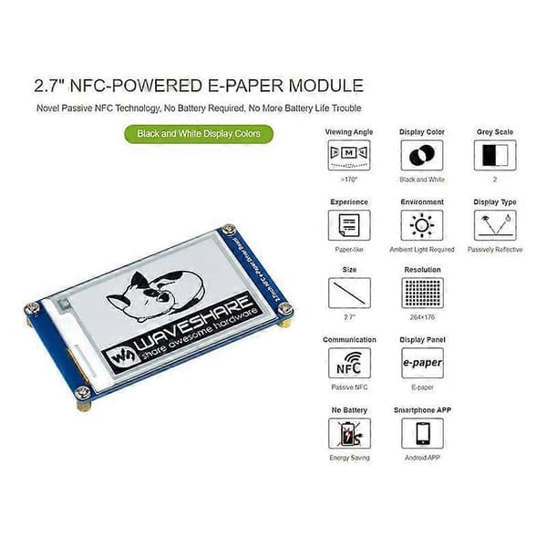 Waveshare 2.7 inch Passive NFC-Powered E-Paper Module, No Battery Wireless Power Supply and Data Transfer Blue