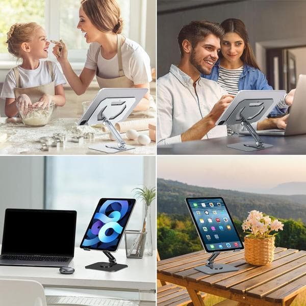 Tablet-skrivebordsbeslag, 360-graders justerbart bærbart aluminiumsbeslag, foldbar skrivebordsbase, holdbart, kompatibelt med iPad, sort.