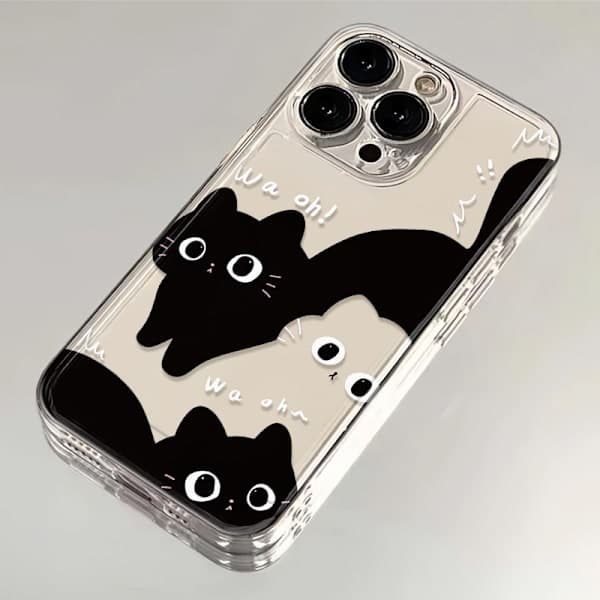 Cute Cartoon Black White Cat Transparent Soft Phone Case Compatible with iPhone 15pro Case