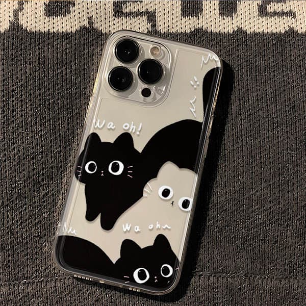 Cute Cartoon Black White Cat Transparent Soft Phone Case Compatible with iPhone 15pro Case
