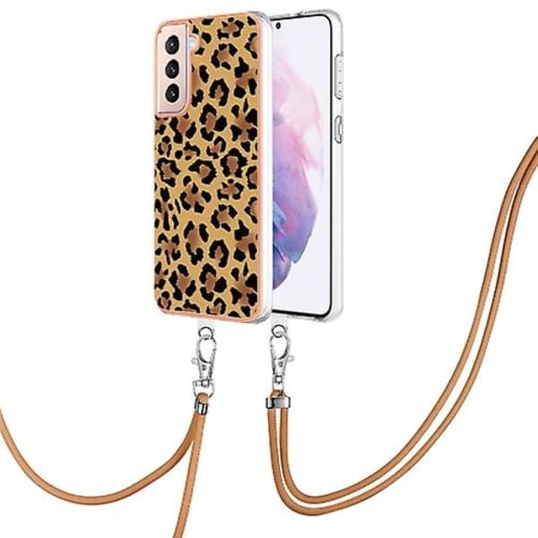 For Samsung Galaxy S21+ 5g Electroplating Double-Sided Imd Mobile Phone Case With Lanyard Leopard Print