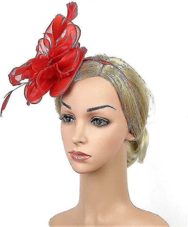Fjer Mesh Party Hat Blomster Glitter Tiara Klips Og Pandebånd Til Kvinder Red