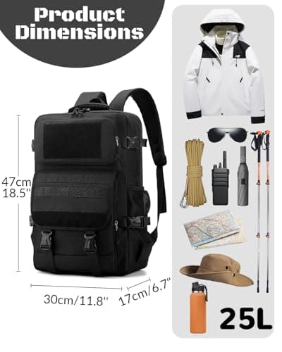 Waterproof Tactical Backpack for Men, 25L Padded Military Work Backpack with Molle System and Multi-Pockets, Army 3-Day Assault Backpack Black