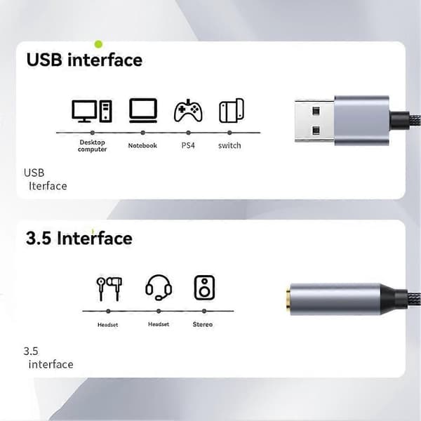 USB til 3,5 mm Jack Audio Adapter USB til Audio Jack Adapter Headset USB A til 3,5 mm Hun Eksternt Stereo Lydkort B Silver&gray