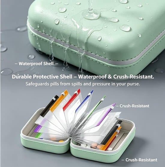 Waterproof Pill Pouch Set - 14-piece A8 Pill Organizer - 7-14 Day Medication - Unbreakable Case - Green - 1 Set