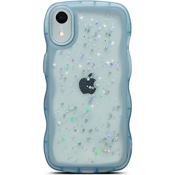 iPhone XR Case 6.1 inch Curly Wave Pattern Transparent Bling Glitter Star Shiny Case Cute Clear Transparent Full Pro