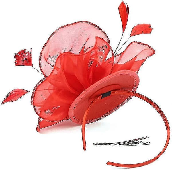 Fjer Mesh Party Hat Blomster Glitter Tiara Klips Og Pandebånd Til Kvinder Red