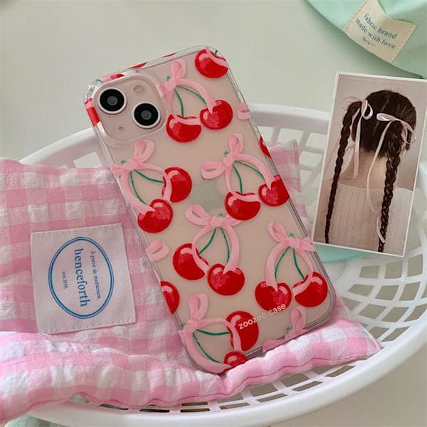 PC-compatible iPhone case, cute cherry bow aesthetic design, soft TPU slim - clear iPhoneXR