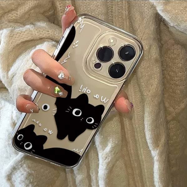 Cute Cartoon Black White Cat Transparent Soft Phone Case Compatible with iPhone 15pro Case