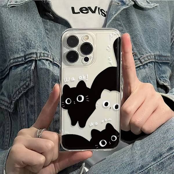 Cute Cartoon Black White Cat Transparent Soft Phone Case Compatible with iPhone 15pro Case
