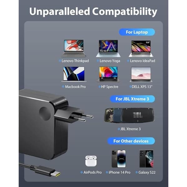 65W USB C-oplader til bærbar computer (1,8 m) til Lenovo Thinkpad ASUS Zenbook