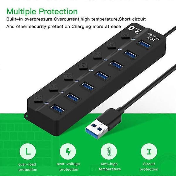 USB 3.0 HUB Splitter 7 porte med tænd/sluk-knapper Højhastigheds 5 Gbps Micro Multiple USB-portudvider til pc-computer 7-Port