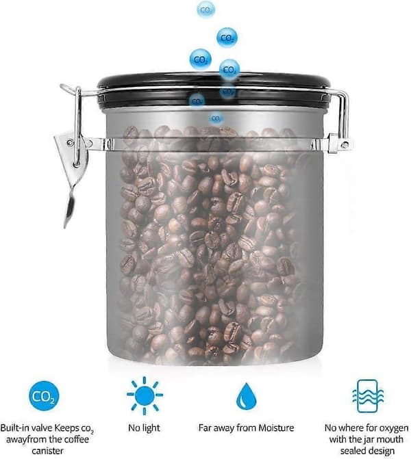 Kaffe-/tebønnebeholder i rustfrit stål med udluftningsventil, komplet beskyttelse mod oxidation (sølv)