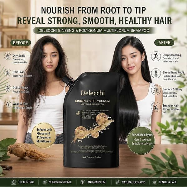 Delecchi Ginseng Polygonum Schampo 300ml - Närande Örtreparationsformula för Hår för Frisskontroll och Rotstyrka