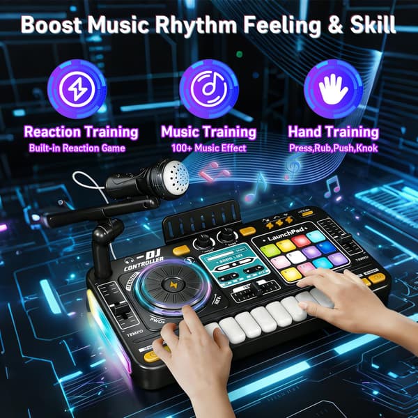 Multifunksjonelt DJ-mikserkontrollsett for barn, med LED-lys, lydeffekter, en mikrofon og et DJ-keyboard i pianostil; en
