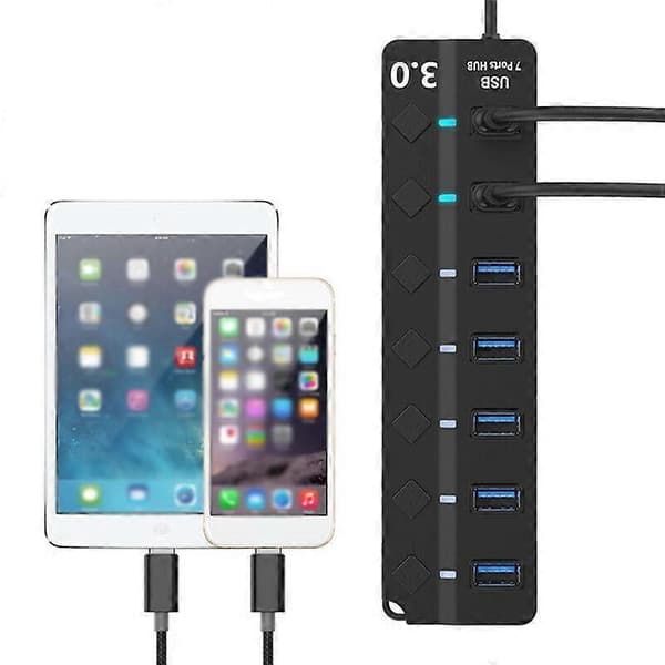 USB 3.0 HUB Splitter 7 porte med tænd/sluk-knapper Højhastigheds 5 Gbps Micro Multiple USB-portudvider til pc-computer 7-Port